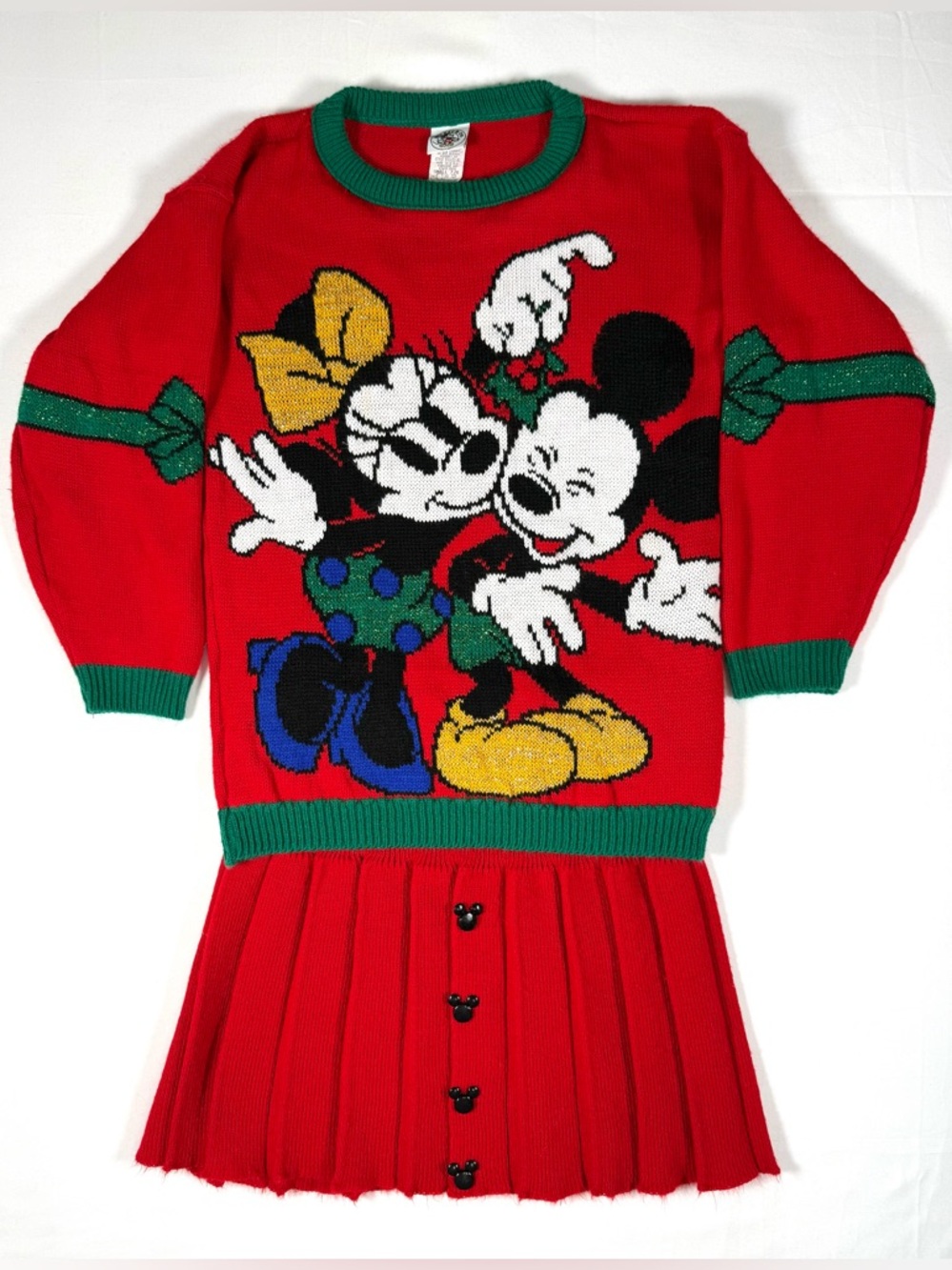 VINTAGE DISNEY Girls 90s Mickey Minnie Sweater Skirt Set S 7/8 Christmas Kitsch